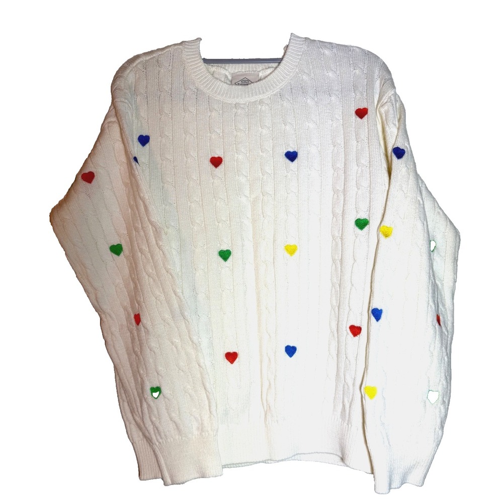 St. Johns Bay Women's Large Ivory Sweater with Multi Colored Hearts